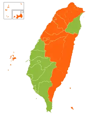 各縣市得票數領先者地圖  &nbsp; 陳水扁領先 &nbsp; 宋楚瑜領先