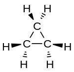 環丙烷,化學式為
C
3
H
6
{\displaystyle {\rm {{C}_{3}{\rm {{H}_{6}}}}}}