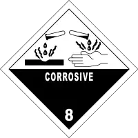 一个菱形的带有数字8和"corrosive"的标签,并指出这种液滴会腐蚀材料和人的手。