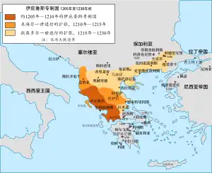 Map of the Balkans, with the original core of Epirus and its conquered territories shown in various shades of orange