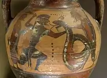 Euboean amphora, c.&nbsp;550&nbsp;BCE, depicting the fight between Cadmus and a dragon