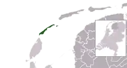 Highlighted position of Vlieland in a municipal map of Friesland