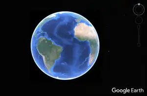 Google Earth 9.3 的截图。图片正中央有一个三维地球模型。左侧为工具栏,提供搜索等功能。图片底部附有版权声明、当前经纬度等信息