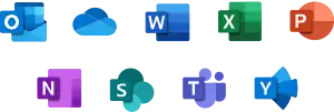 从左上角开始:Outlook,OneDrive,Word,Excel,PowerPoint,OneNote,SharePoint,Teams 和 Yammer