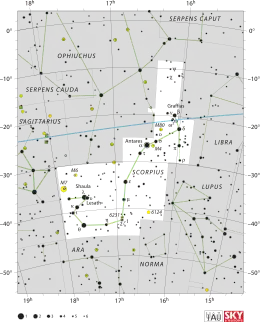 圖顯示了天蠍座的恆星和邊界,以及星座周遭的環境。