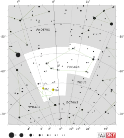 Diagram showing star positions and boundaries of the Tucana constellation and its surroundings